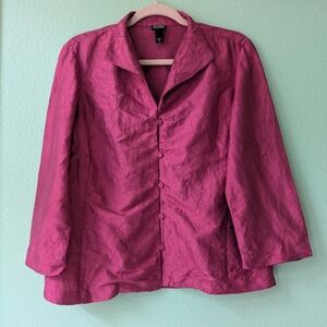 Eileen Fisher Womens XS Magenta 100% Silk Crinkle Button Front Shirt Blouse